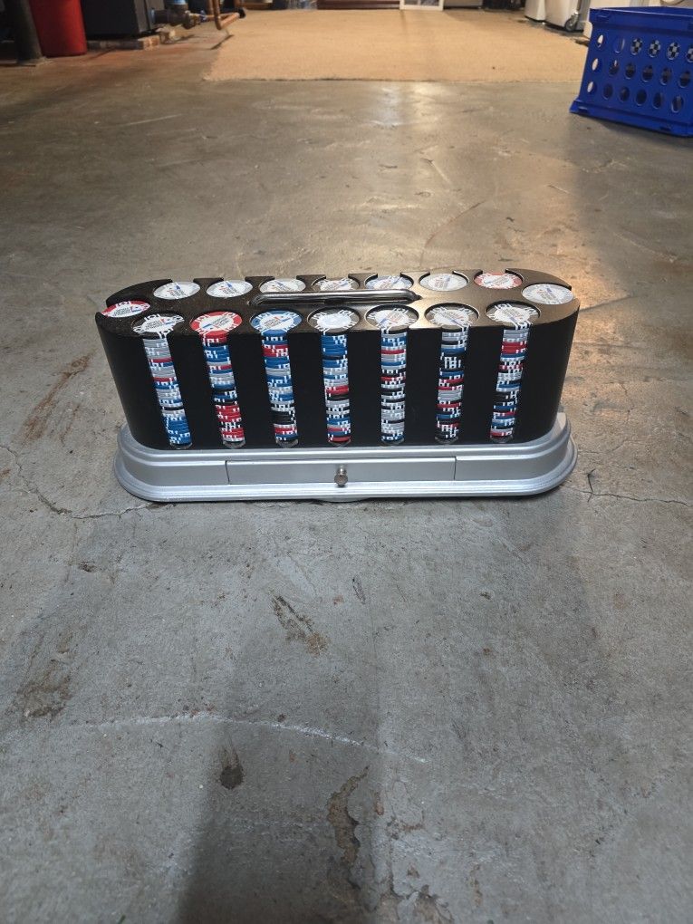 Official world tour poker chip set complete with Dealer chip in two decks of cards