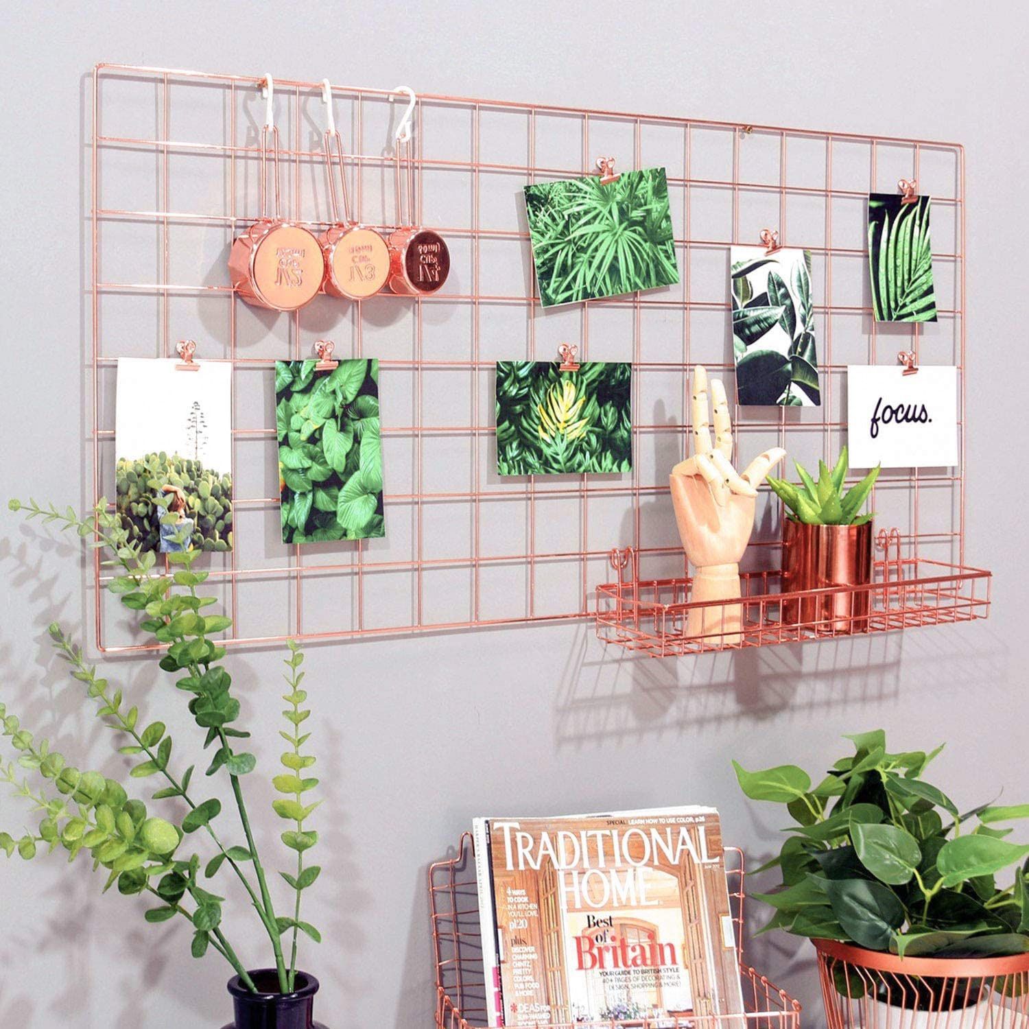 Rose Gold Wall Grid Panel for Photo Hanging Display & Wall Decoration Organizer, Multi-Functional Wall Storage Display Grid