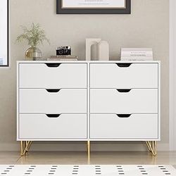  6 Drawer Chest, 42.5''W Dresser for Bedroom, White 6 Drawer Dresser, Gold White Chest of Drawer, Modern Dresser Drawer Organizers, White Dresser for 