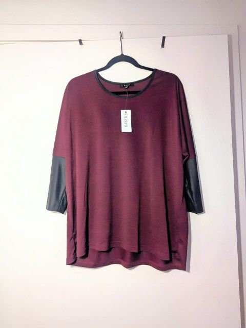 Maroon And Black Relaxed Fit Blouse With Faux Leather Sleeves