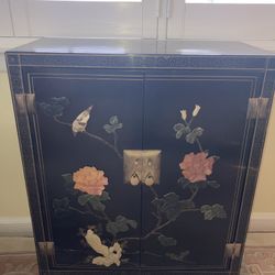 Black lacquer Chinese cabinet with stone inlay