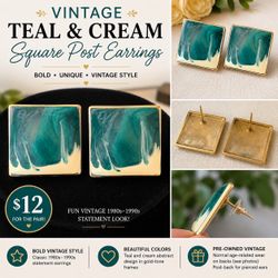 Vintage Teal & Cream Square Statement Earrings