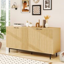 N302-58" Fluted Sideboard Buffet Cabinet with Storage, Farmhouse Buffet Cabinet with Adjustable Shelves & 4 Doors, Wood Coffee Bar for Kitchen Dining 