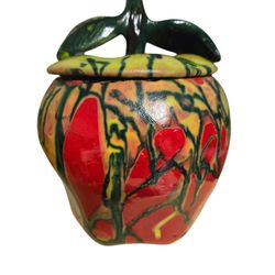 handpainted  abstract apple 9" vintage ceramic cannister with stem lid