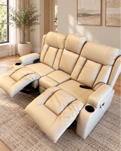 Power Recliner Loveseat with Massage and Heat, Beige Faux Leather Home Theater Sofa with Bluetooth, LED Lights, and Console