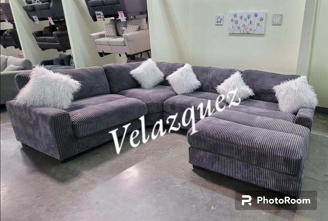 ✅️✅️ 4 pc grey wide welt cordury fabric upholstered modular sectional sofa with chaise ✅️