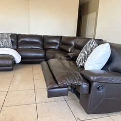 Reclining Dark Brown Top Grain Leather Sectional-Good condition-FREE DELIVERY