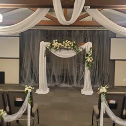 Wedding Arch/Arbor-White Drapery Panels-Chair/Pew Flowers