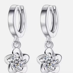 Silver Plated Dangle Drop Flower Hoop Earrings With Cubic Zirconia For Women