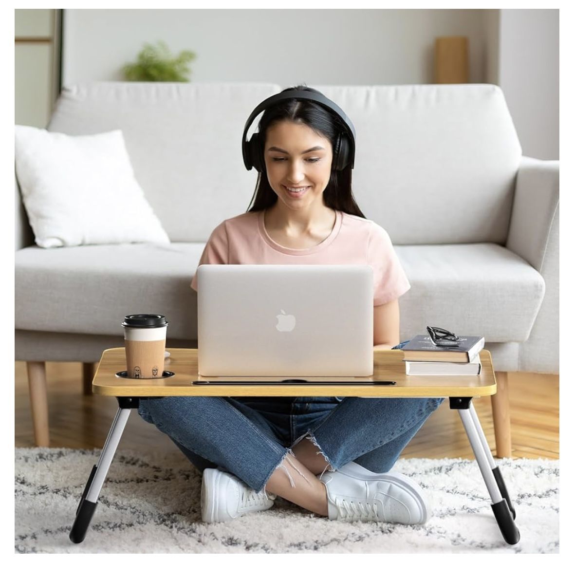 Foldable Laptop Bed Table Tray, Folding Lap Desk with Cup Holder, Portable Serving Breakfast Tray/ Workstation