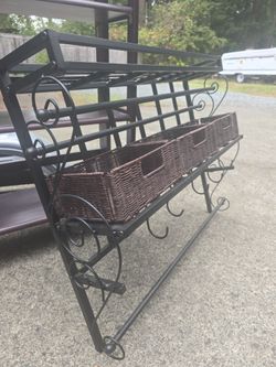 Black Wrought Iron Wall Rack with Wicker Baskets