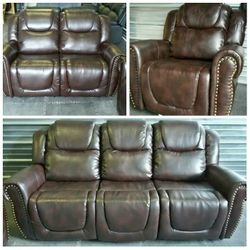 Brand New Brown Leather Nail Studded Reclining Sofa Loveseat & Chair 