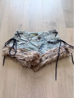 Y2K Faux Fur Fluffy Brown Trim Studded Lace-Up Denim Micro Shorts 🤎