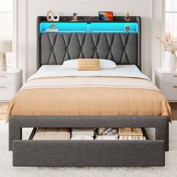 G103-Twin Bed Frame with Drawer, Storage Headboard with Charging Station and LED Lights, Upholstered Bed with Heavy Duty Wood Slats, No Box Spring Nee