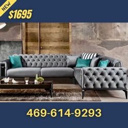 Contemporary Modern Gray Velvet Sectional With Pillows 
