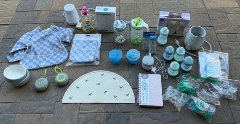 Large lot Baby Essentials -clean and sterile Mushie, MAM, Dr. Browns, plus more