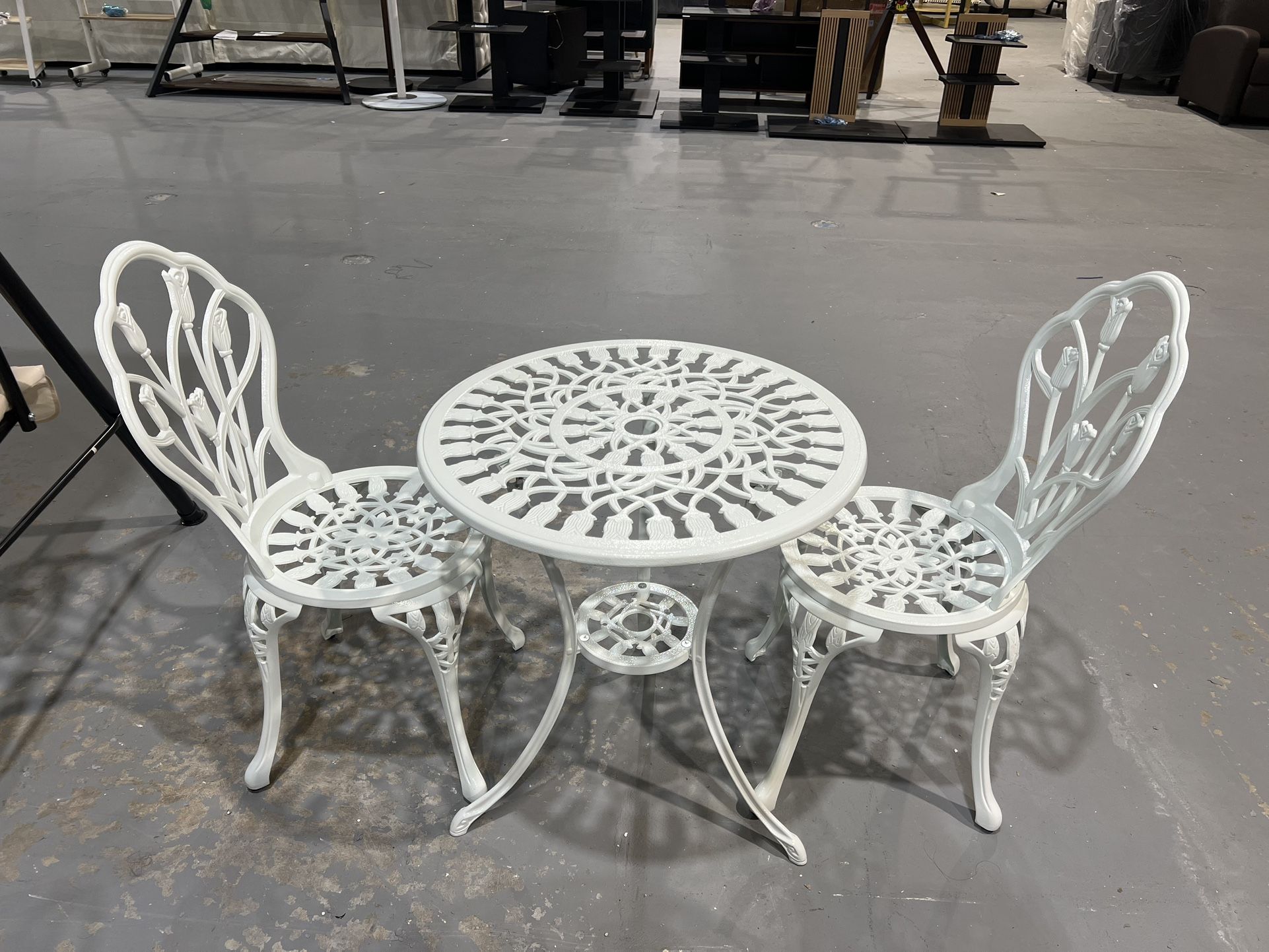 New Patio Bistro Sets 3 Piece cast Aluminum Patio Furniture Outdoor Garden Metal Rust Proof Tables and Chairs White bisrto Set (Tulips-White)