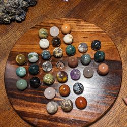 Solitaire And Tic-tac-toe Game Board With Natural Stone Pieces
