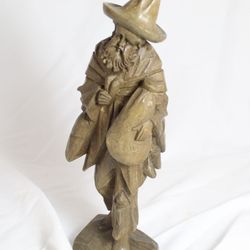 Vintage Hand- Carved Wooden Barefooted Traveling Hobo Man Folk  Statue