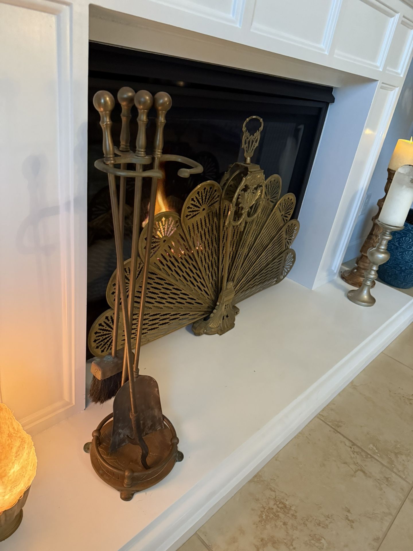 Vintage Mid Century Patina Brass Fireplace Tool Set