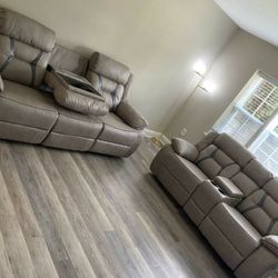Tan Reclining Sofa and Loveseat Set with Dropdown Console