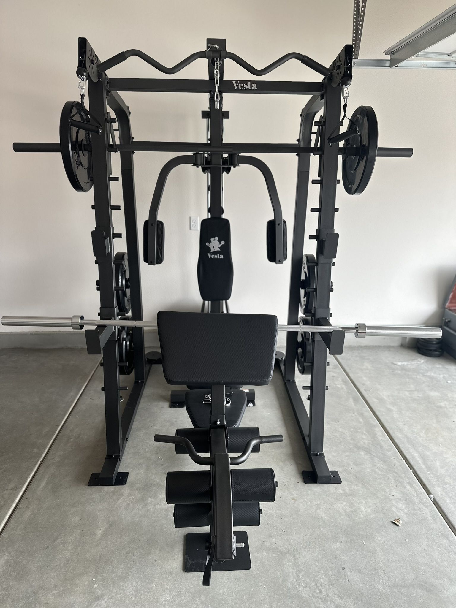 Vesta Fitness Smith Machine 2001 w/Bench Attachment | 230lb Bumpers Weights | 7ft Olympic Bar | Fitness | Gym Equipment | FREE DELIVERY🚚
