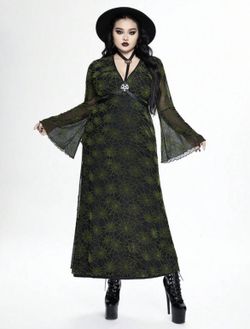 Plus Size Women Gothic Spider Web Flock Bell Sleeve V-Neck High Slit Dress, Halloween Clothes
