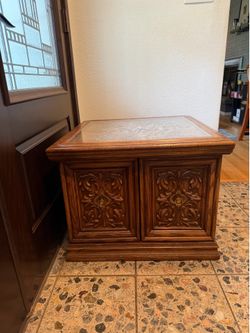 Spanish Revival Nightstand End Table With Carvings & Glass Top - Some Scratches