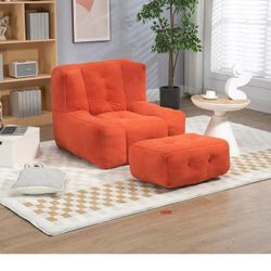 Modern Oversized Fluffy Bean Bag Chair with Ottoman, Ergonomic Design, Orange Boucle Material, Depth: 36.6 inches, Width: 37 inches, Height: 24 inches