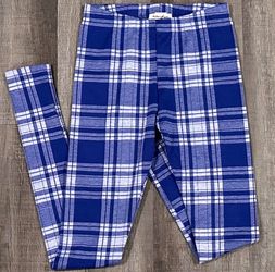 Kids Medium Double Knit Blue Plaid Leggings