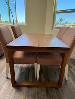 Table, oak veneer brown stained, 55x33 " + 4 Chairs + 2 Covers for chairs