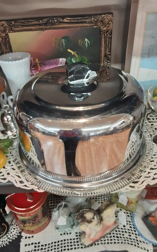 Metal Cake Cover With Glass Plate- Located In Shelton