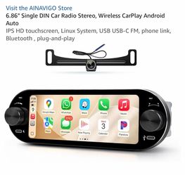 6.86" Single DIN Car Radio Stereo, Wireless CarPlay Android Auto IPS HD touchscreen, Linux System, USB USB-C FM, phone link, Bluetooth , plug-and-play