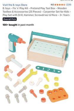 B. toys – Fix ‘n’ Play Kit – Pretend Play Tool Box – Wooden Toolbox & Accessories (25 Pieces) – Carpenter Set for Kids – Play Set with Drill, Hammer, 
