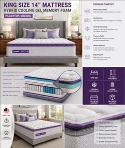 KING SIZE 14"  MATTRESS HYBRID   COOLING GEL MEMORY FOAM  PILLOWTOP. MEDIUM.