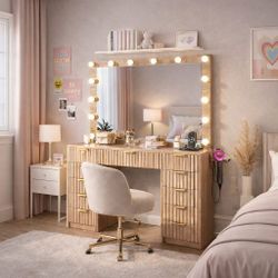 Vanity with Mirror and Lights, 48" Glass Top Makeup Vanity Desk with 11 Drawers,t, 3 Color Lighting Modes Adjustable Brightness for Bedroom, Oak
