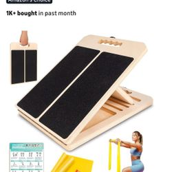 New Wooden Slant Board for Calf Stretchina, Portable Adjustable Calf Stretch Board with Training Poster & Resistance Bands, 300lb Weight Capacity