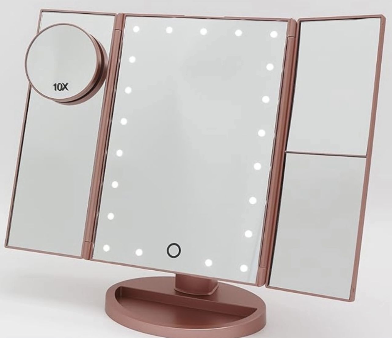 NEW Rose Gold LED Vanity Mirror – 21 Lights, Touchscreen, Foldable! Perfect for makeup, skincare, or travel.
