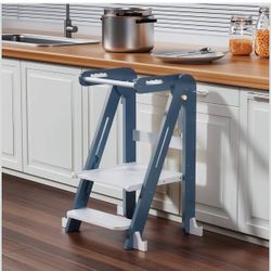 Kids Kitchen Step Stool, Foldable Toddler Tower, Height Adjustable Toddler Standing Tower with Safty Rail and Anti-Slip Device, Wooden Stool for 1.5-6