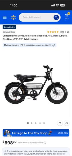 Concord Bikes Voltic 20" Electric Moto Bike, 48V, Class 2, Black, Fits Riders 5'2"-6'2", Adult, Unisex