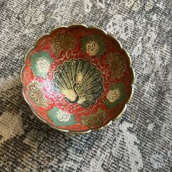 Vintage Ornate Enameled Peacock Brass Scalloped Trinket Footed Bowl India
