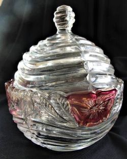 Vintage .. Glass Compote - Candy Covered Dish with Red Flash. Measures 5" round x 6 1/4" tall. No chips or cracks. Bristol Boro, Pa. 19007
