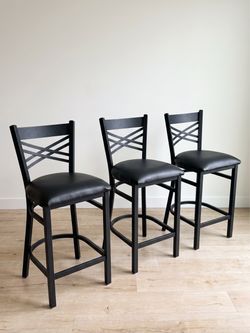 Set of 3 Bar Stools - Black Metal Frame, Cushioned Seat, Cross-Back