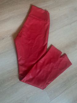 Red faux leather leggings. Sleek-high waist