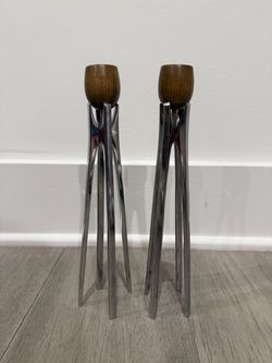 Modern Chrome and Wood Candleholder Set of 2