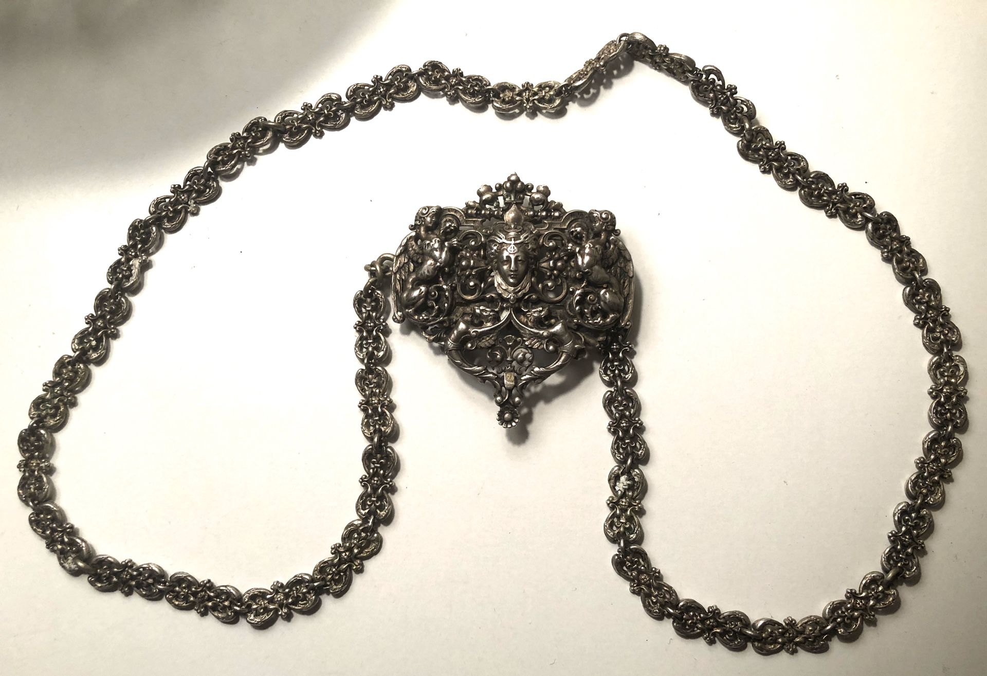 Antique Victorian 800 Silver? Ornate Belt Buckle Belt Chain Necklace Steampunk