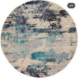 đŠđŠđŠR21#49 ($45) Nourison Celestial Ivory/Teal Blue 4 ft. x 4 ft. Abstract Modern Round Area Rug