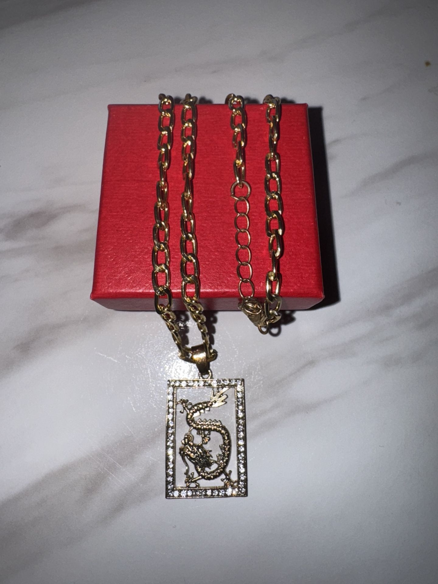 Gold Dragon Pendant Necklace with Dazzling Rhinestones - Used