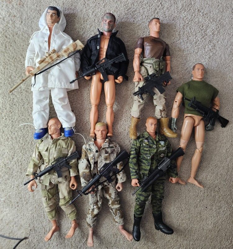 Vintage Lot Of 7 12" Gijoe Action Man Military Figures With Accessories 