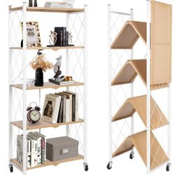 5-Tier Foldable Storage Shelves with Wheels, Folding Metal Shelf Unit, Folding Bookshelf no Assembly, Collapsible Shelves for Craft Shows for Kitchen,